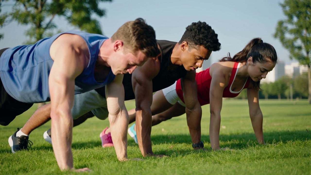 Doing synchronized pushups three training partners starting on cue at park on grass wearing gear