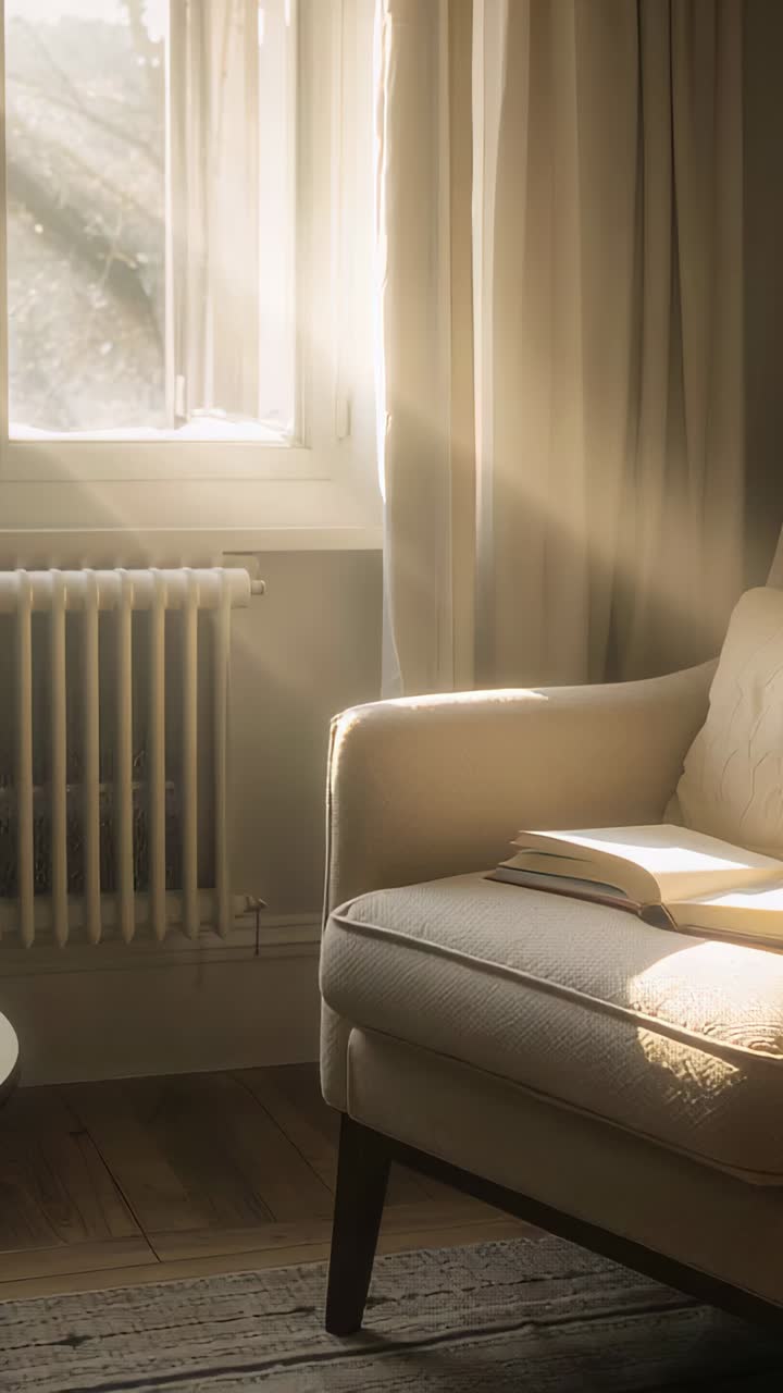 Vertikal video: Solen bevæger sig, sollyset skifter hen over en beige lænestol med en åben bog derhjemme