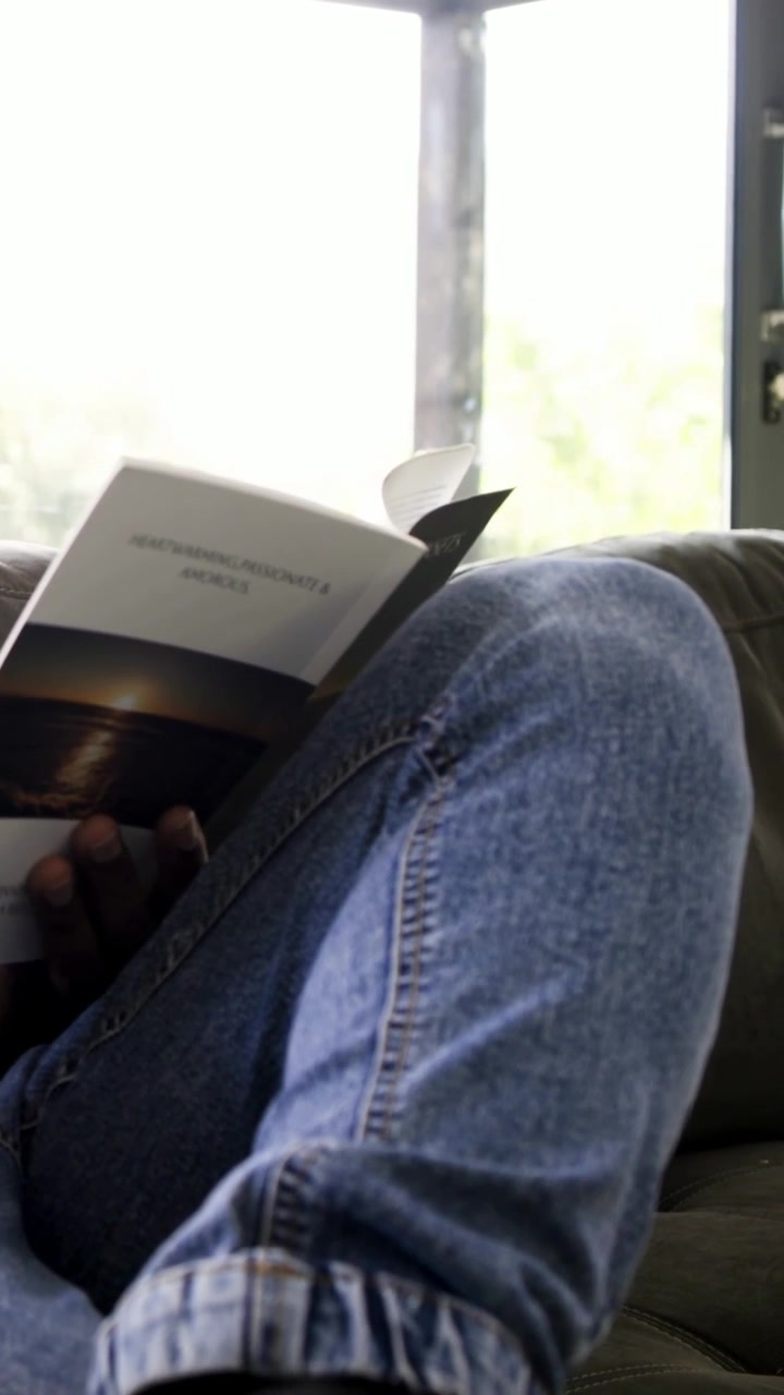 Vertical video: Opening booklet, reader turning pages to read on sofa at window in light green top