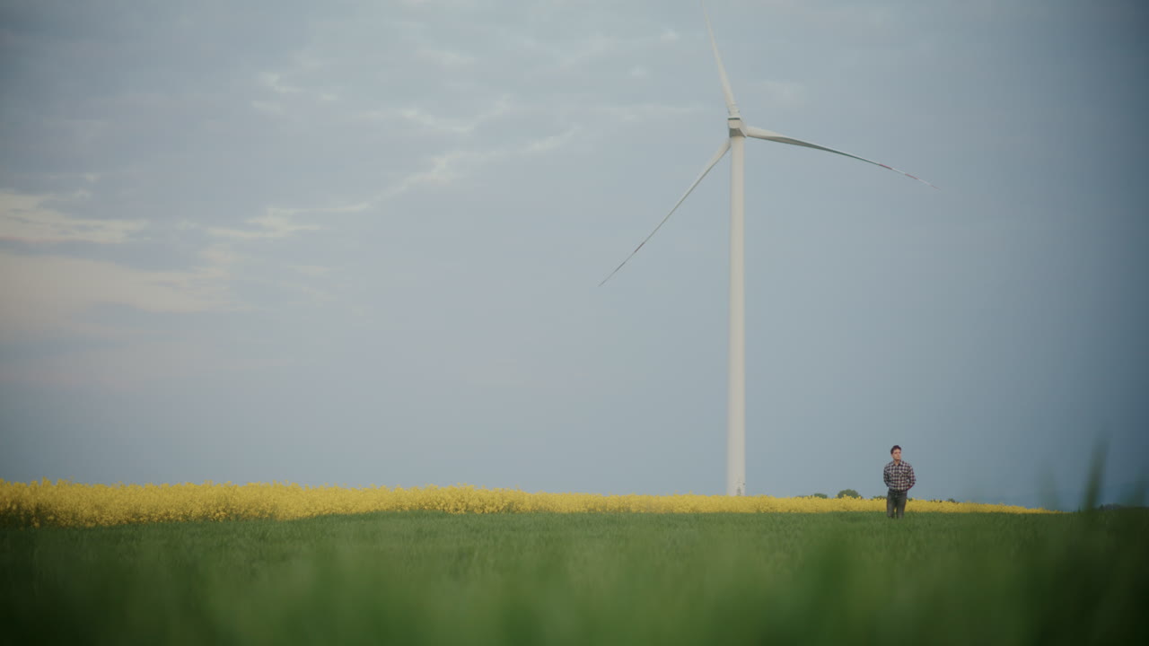 농장 에서 식물 들 사이 를 고 있는 젊은 농부