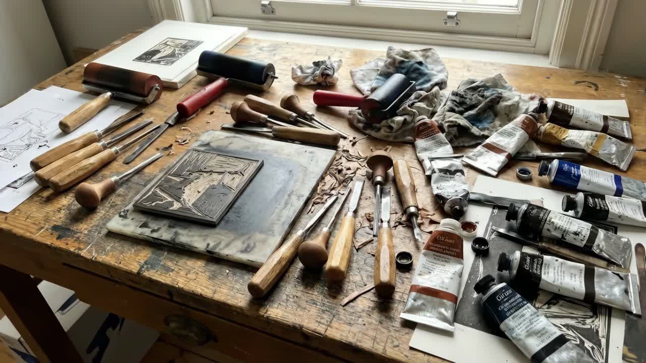 Linoleumssnitværktøj på en arbejdsstation