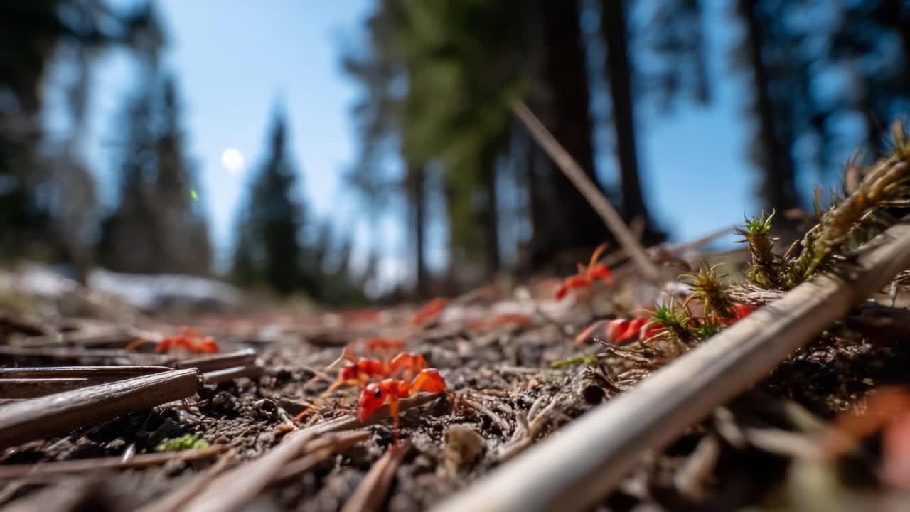 A Vibrant Colony of Red Ants On a Forest Floor, Illustrating Their Active Role in Nature's Ecosystem Under a Beautiful Blue Sky