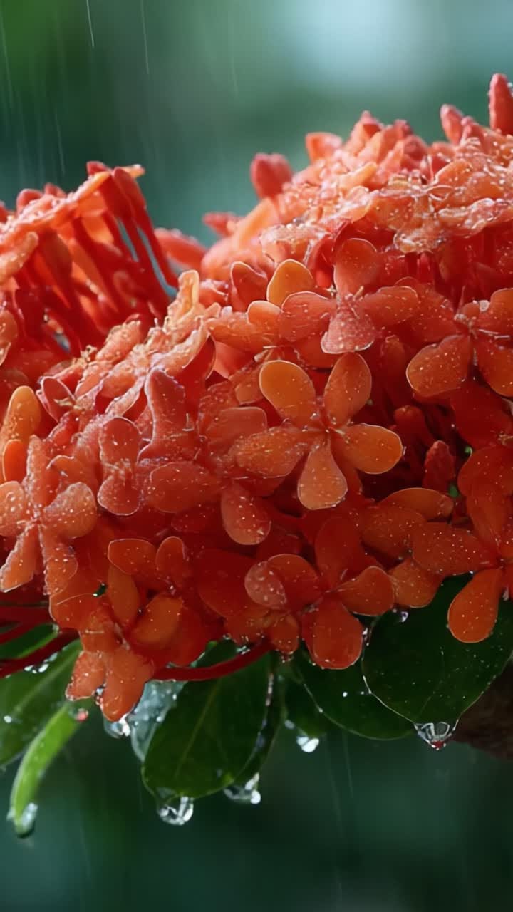 A Vivid Close-Up of Lush Orange Blooming Flowers Glistening with Dew Under Gentle Rain, Capturing the Beauty of Nature's Vibrant Palette and Serenity