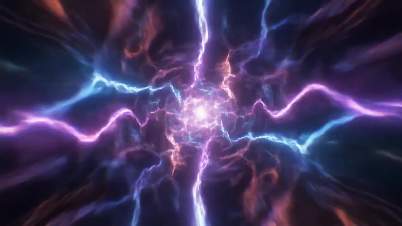 Tunnel astratto di energia fulminea luminosa viola e blu