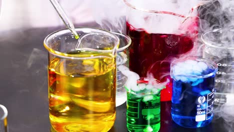 beakers with colorful liquids and visible reactions