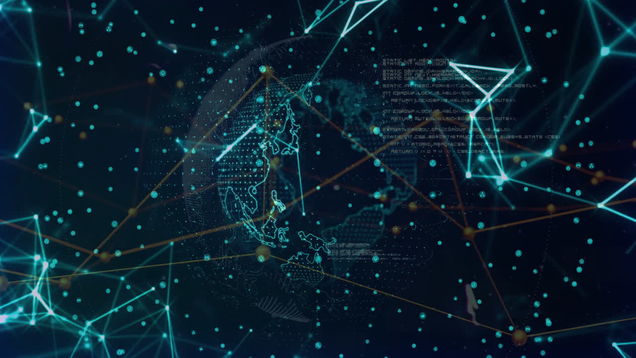 Animation of digital globe with network connections and data points in design
