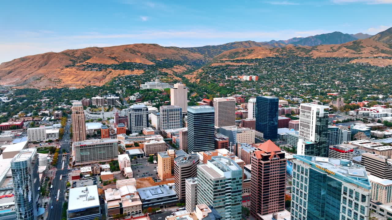Salt Lake Sity USA, 1 August 2025: Downtown Salt Lake City with Mountain Backdrop. A wide aerial view of downtown Salt Lake City