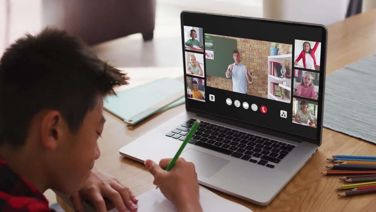 Composite of boy using laptop for online lesson at home, with diverse teacher and class on screen