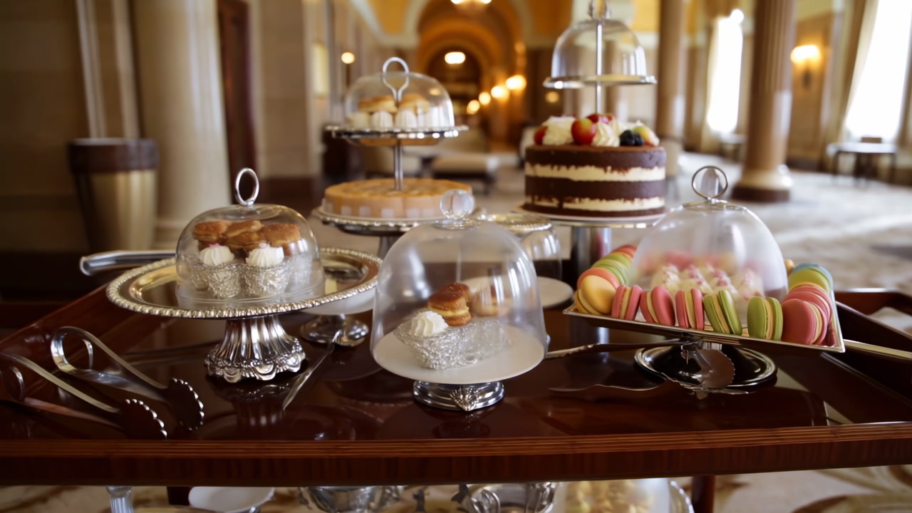 Macaron Tray On Hotel Trolley Set Against Grand Corridor, Glass Domes Covering Tiered Cake And Petit Fours,