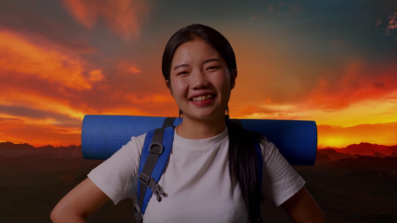 해가 지는 동안 산책하는 행복한 여자