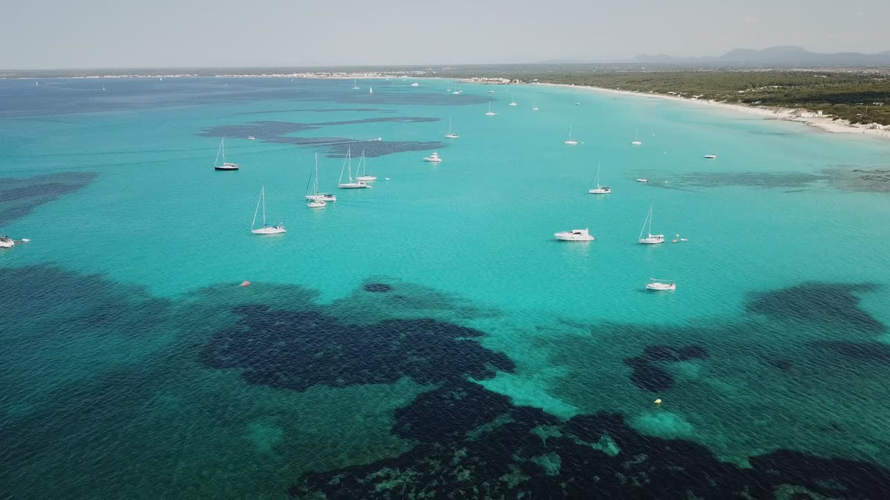 increíble paisaje aéreo de la encantadora playa es trencs y los barcos con un mar turquesa. se ha ganado la reputación de playa caribeña de mallorca. españa