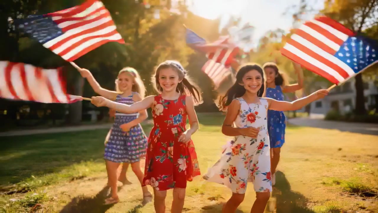 Moving camera closer, two in floral dresses leading group running at park, waving American flags