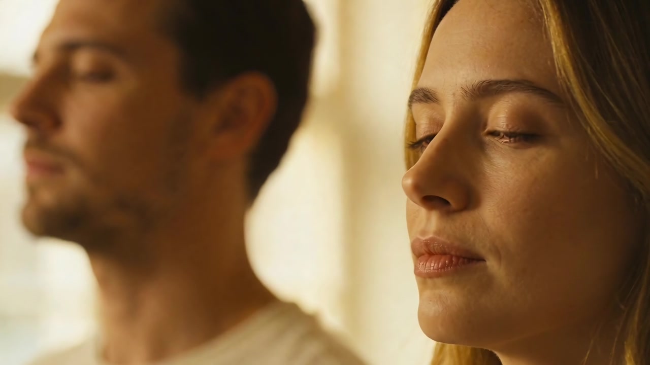 Donna che respira e medita a destra, vicino a una finestra con la luce del sole che filtra, con un uomo sfocato sullo sfondo.