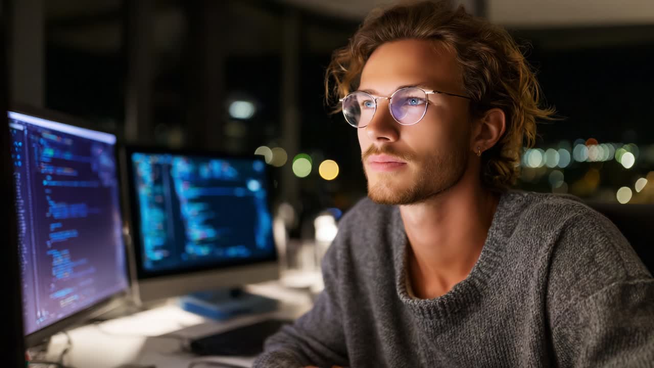 A Focused Programmer Deep in Thought while Working Late at Night, Surrounded by Computer Monitors Displaying Code, Illuminated by the Soft Glow of Screens Against the Dark Background