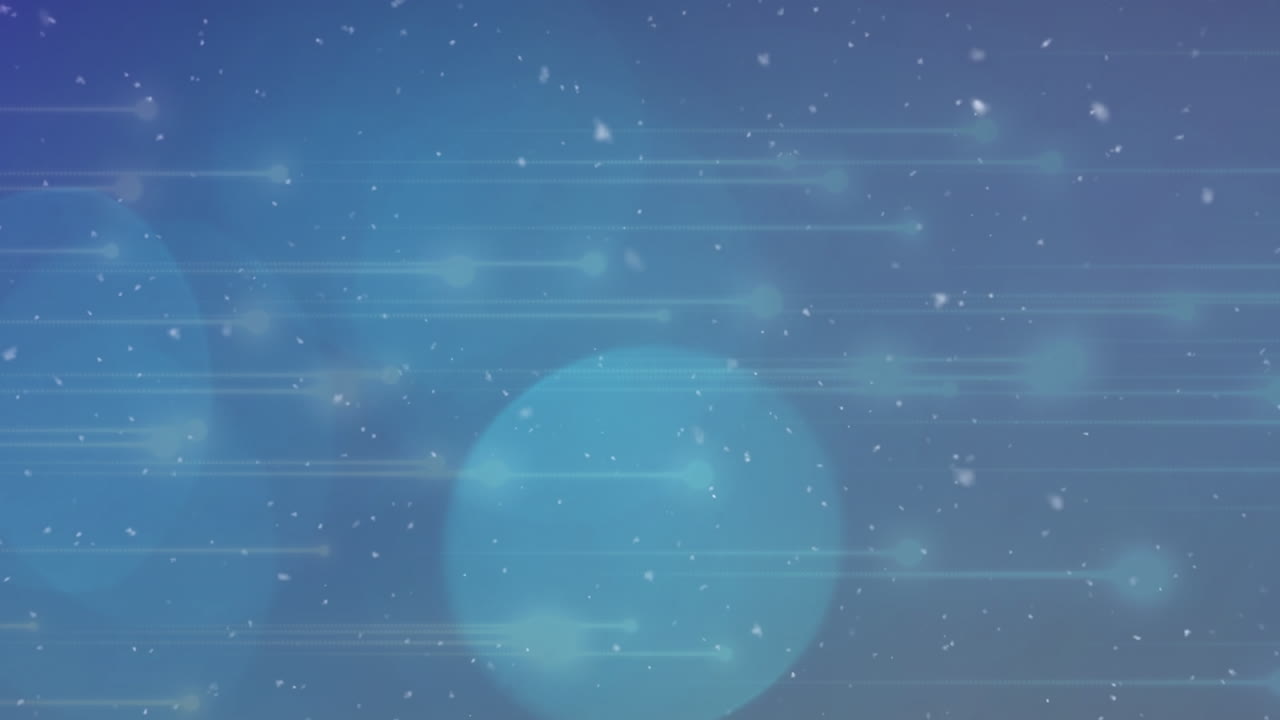 파란색 배경에 빛의 트레일과 반점 위에 떨어지는 눈의 애니메이션