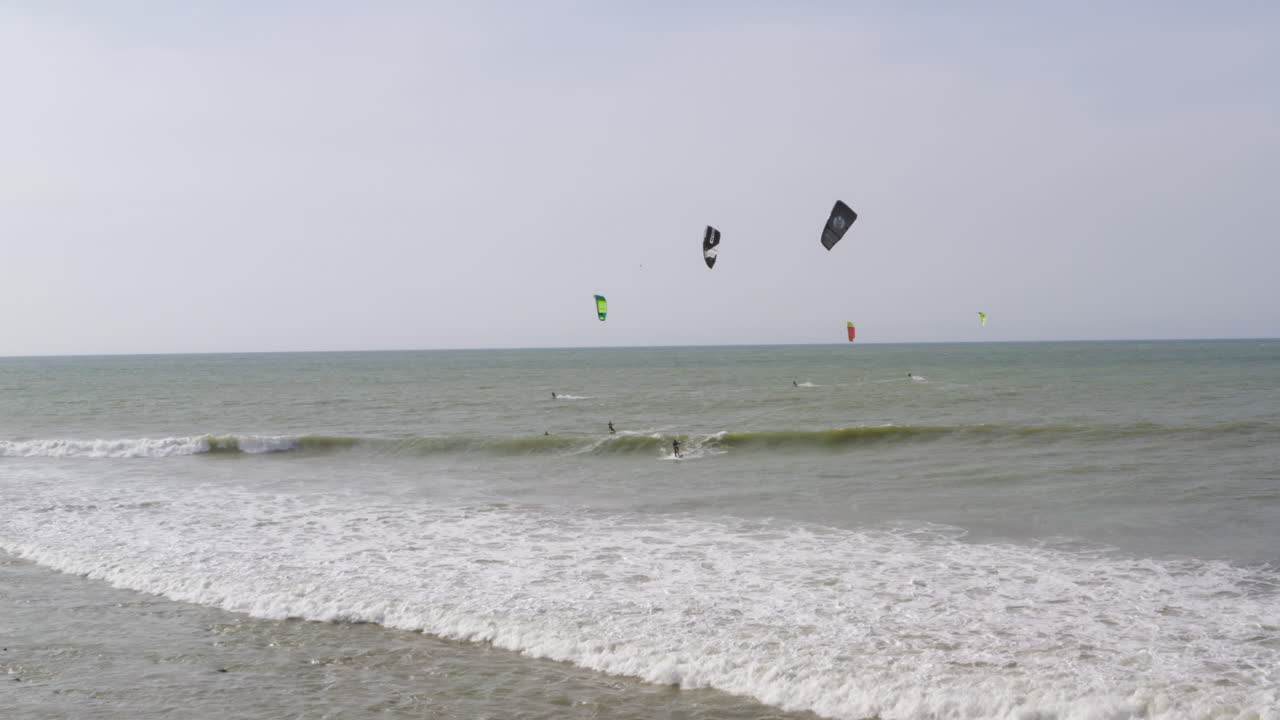 Aerial view of beaches and kite surfing in Mancora Peru, drone.