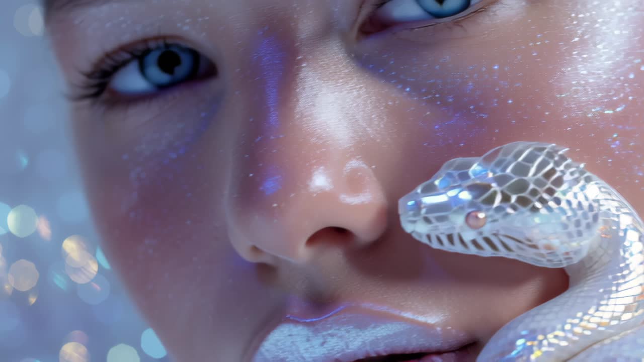 Ripresa macro cinematografica di una donna con trucco glitter scintillante e occhi azzurro ghiaccio che posa con un serpente bianco iridescente su uno sfondo di luci bokeh, creando un concetto di bellezza futuristico e surreale
