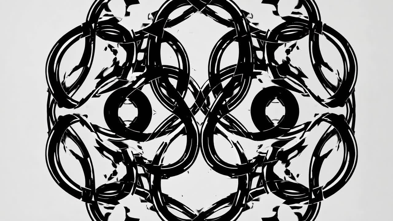 Abstracte videokunst met een symmetrisch zwart patroon op een witte achtergrond.