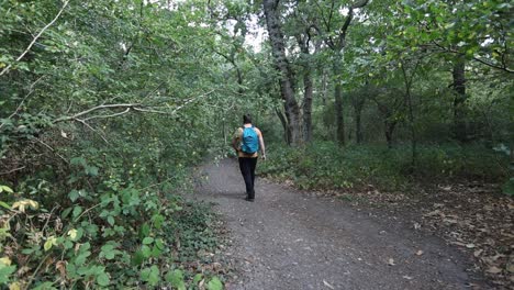 Cámara-Lenta-De-Un-Joven-Con-Una-Mochila-Caminando-Cuesta-Abajo-Por-Un-Sendero-En-El-Bosque