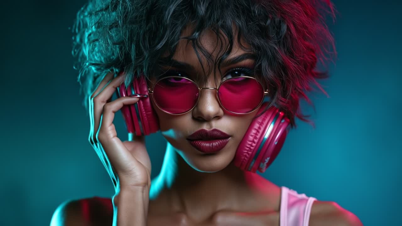 Jonge vrouw met roze koptelefoon en ronde zonnebril poserend in levendige cyaan en magenta neonverlichting