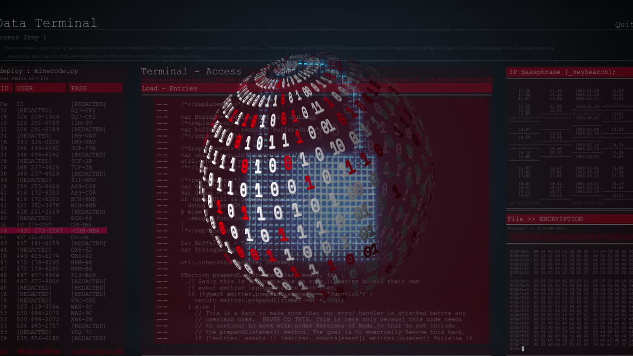 animación del globo con codificación binaria y procesamiento de datos financieros.