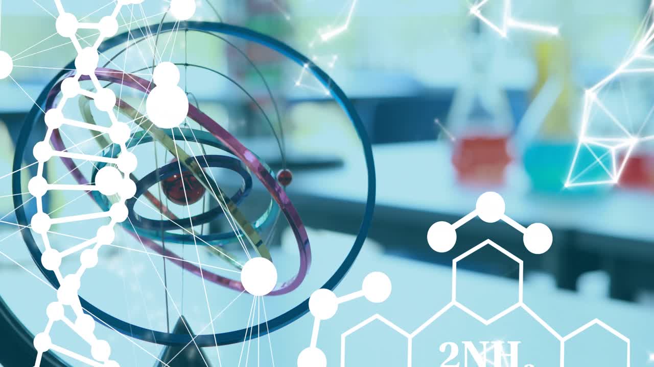 교실에서 책상 위에 있는 분자와 dna  ⁇ 의 애니메이션