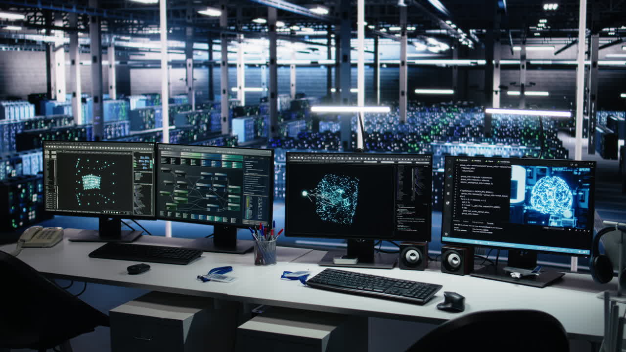 Data Center Computers Showing Neural Network Visualization And Code