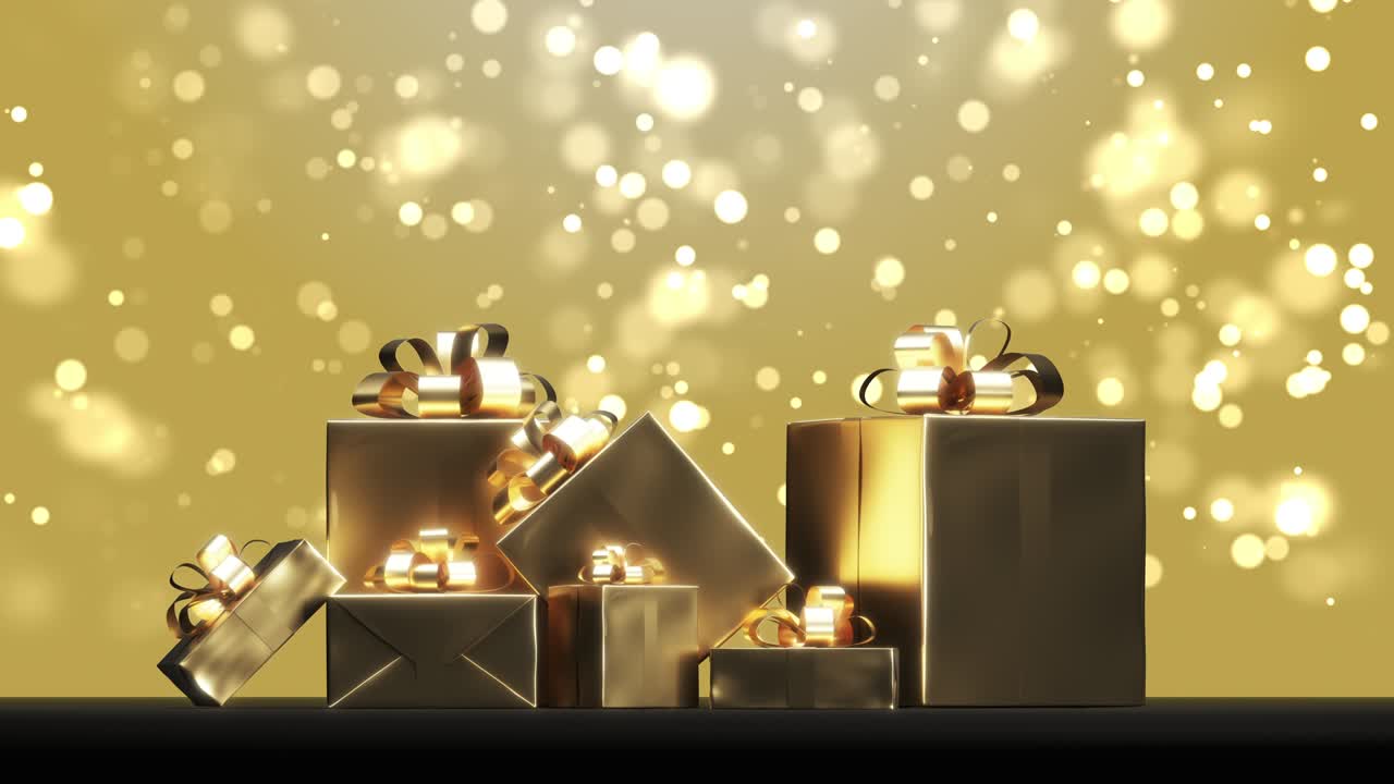 Conjunto de caixas de presente douradas em close-up com partículas de neve caindo em fundo preto. Foco seletivo. Animação 3D. Ideia de Conceito de Natal.