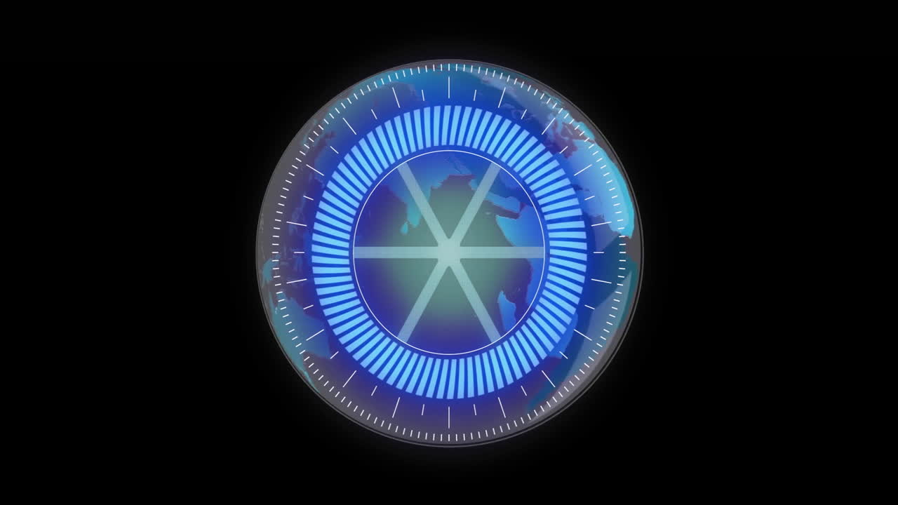 globo azul giratorio con animación de visualización de datos circulares sobre fondo negro