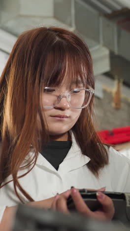 inventor en bata de laboratorio toma notas en la tableta mientras trabaja en un taller mecánico, vista parcial de otra persona cerca, espacio de trabajo industrial lleno de componentes de ingeniería en el fondo