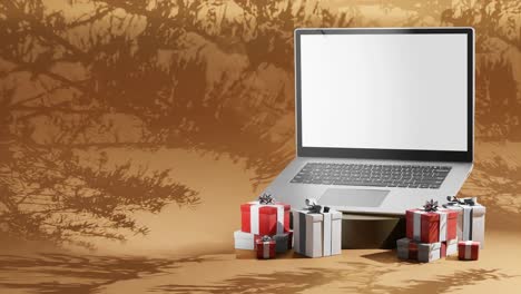 Pantalla-Iluminada-De-Computadora-Portátil-De-Ventas-Navideñas-Con-Regalos,-Silueta-De-árbol-Animada