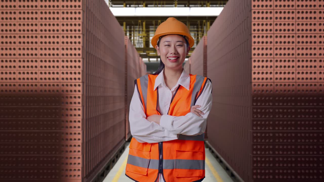 Asian Female Engineer With Safety Helmet Crossing Her Arms And Smiling To Camera While Standing With Red Brick Packed in Stacks Are Stored