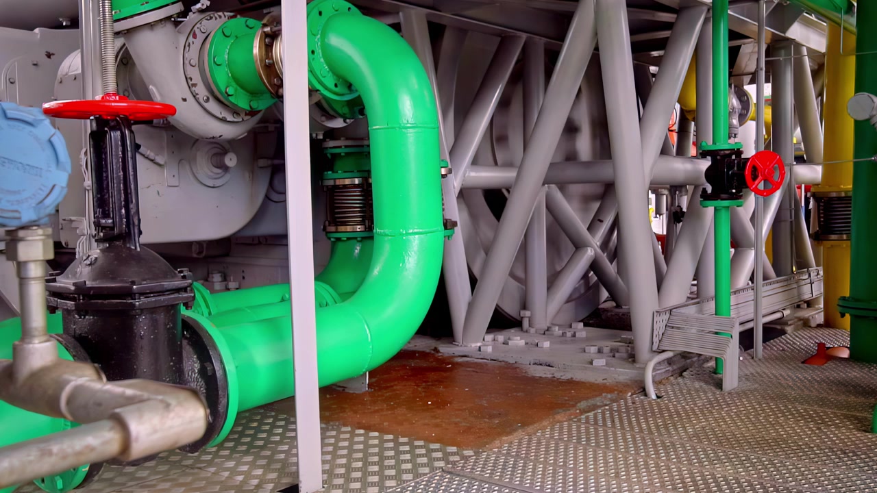 Interno di una stazione di pompaggio industriale con complessi sistemi di tubazioni e potenti attrezzature