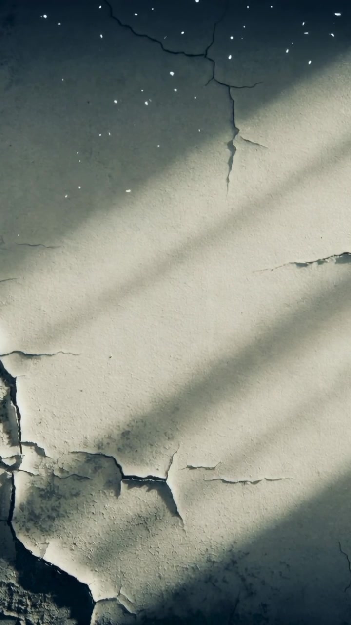 Vertical video: Light moving through blinds casting slanted shadows across flaked wall inside room