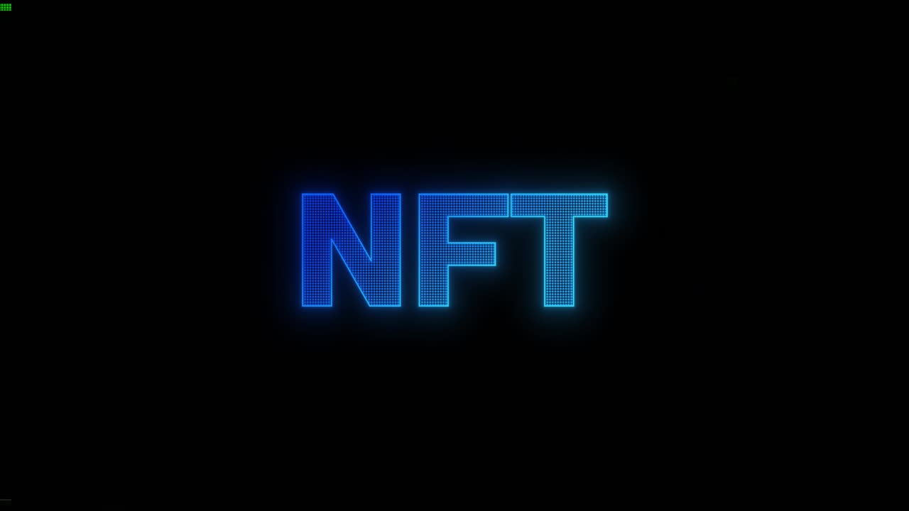 Insegna NFT al neon. Token non fungibile. Motion Graphic. Testo NFT con effetto glitch e linea al neon.