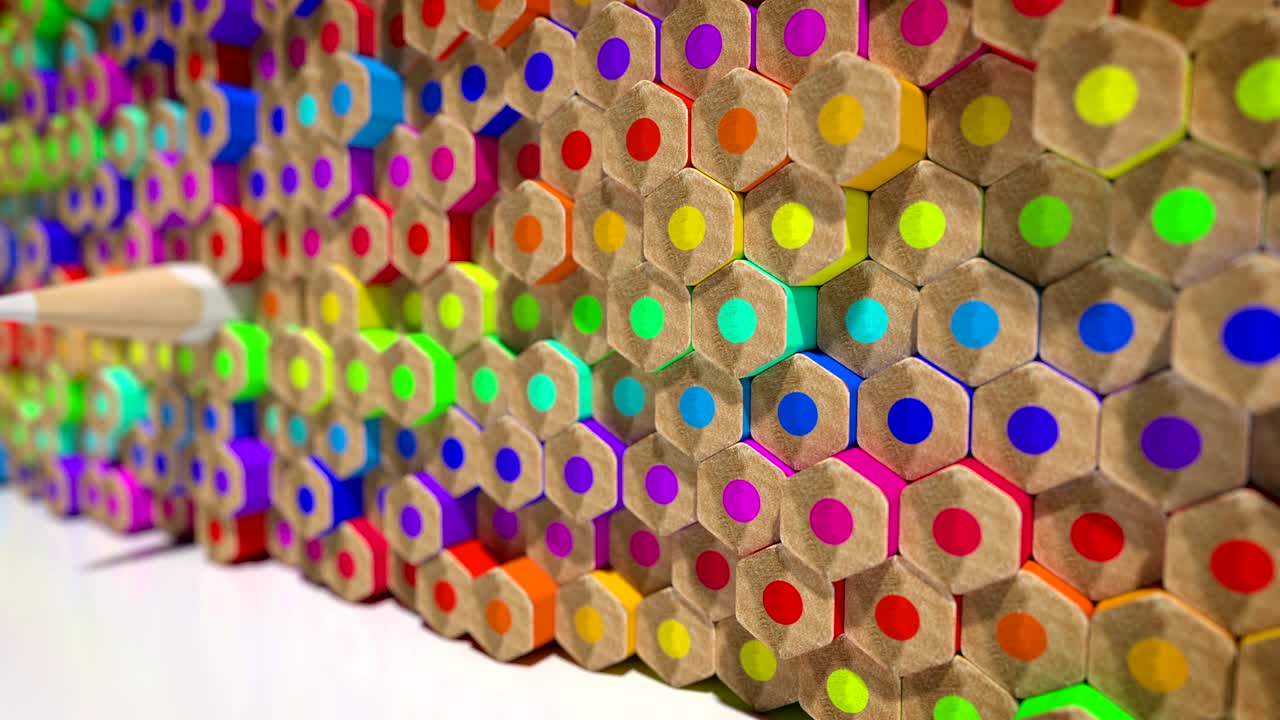 lápiz blanco único entre lápices de colores, animación en bucle 3d