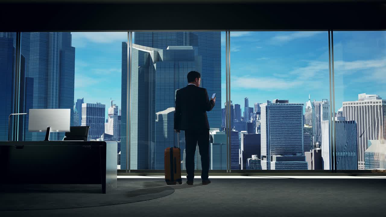 스마트폰을 사용하고 초고층 건물이 있는 큰 도시를 창밖으로 바라보는 가방을 가진 아시아 사업가