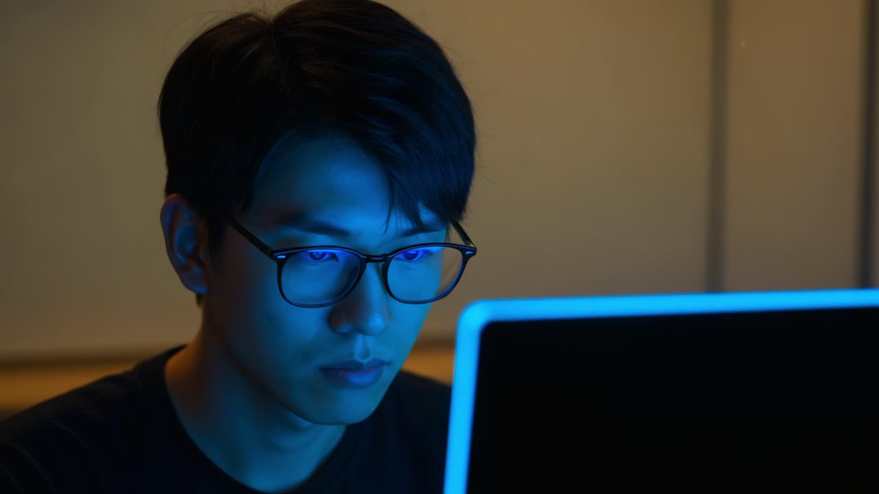 Focused Study Session: A Young Individual Intently Engaged with a Laptop in a Darkened Room, Highlighting the Glow of Technology and Concentration