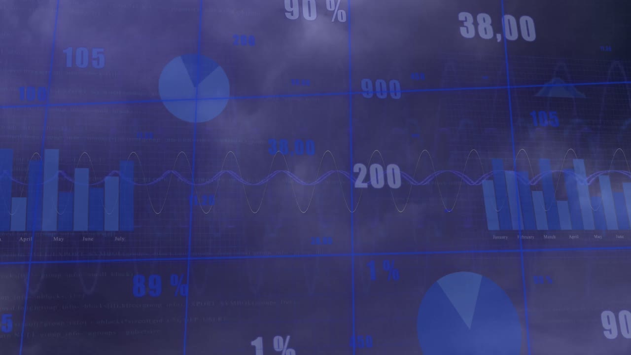 Animation of statistical data processing over grid network against grey background