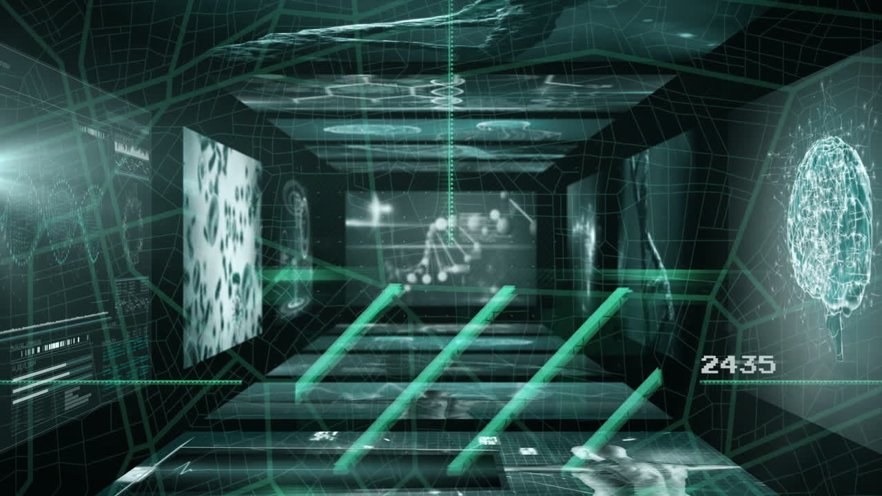 In school, animation of futuristic digital tunnel with green grid lines