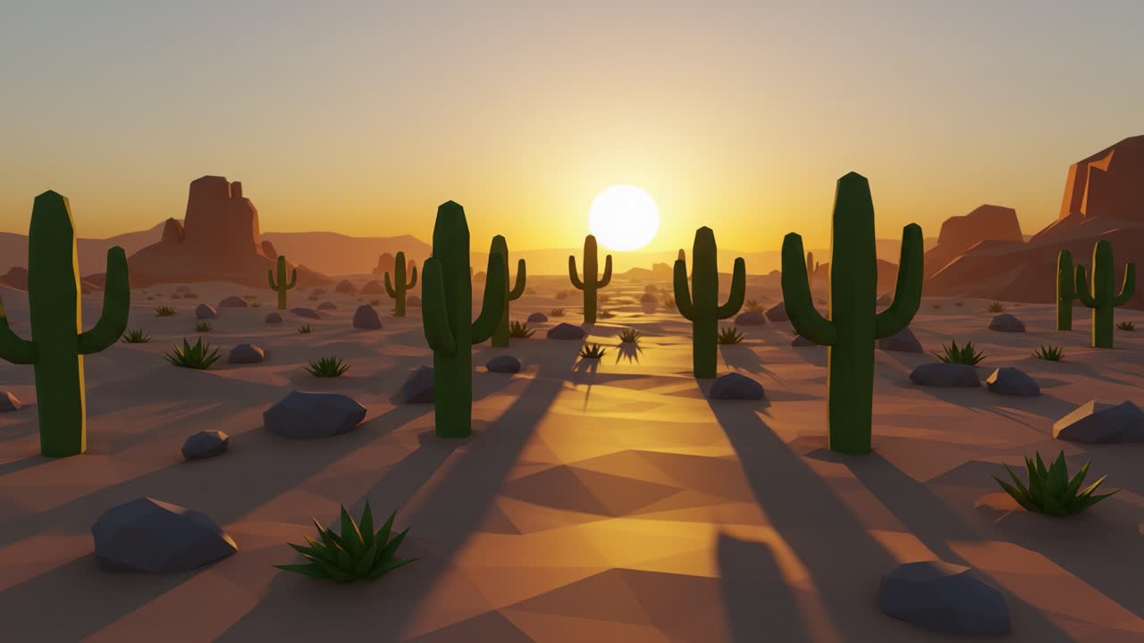 A Serene Desert Landscape at Sunset with Polygonal Cacti, Capturing the Tranquility and Beauty of Nature in an Abstract Form