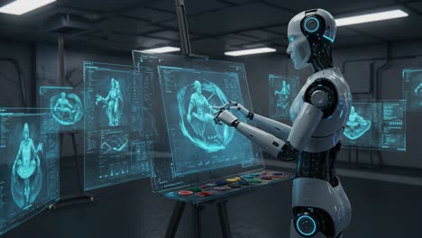a glimpse into futuristic artistry: a highly advanced robot engages with holographic displays to create digital sculptures in a high-tech studio setting
