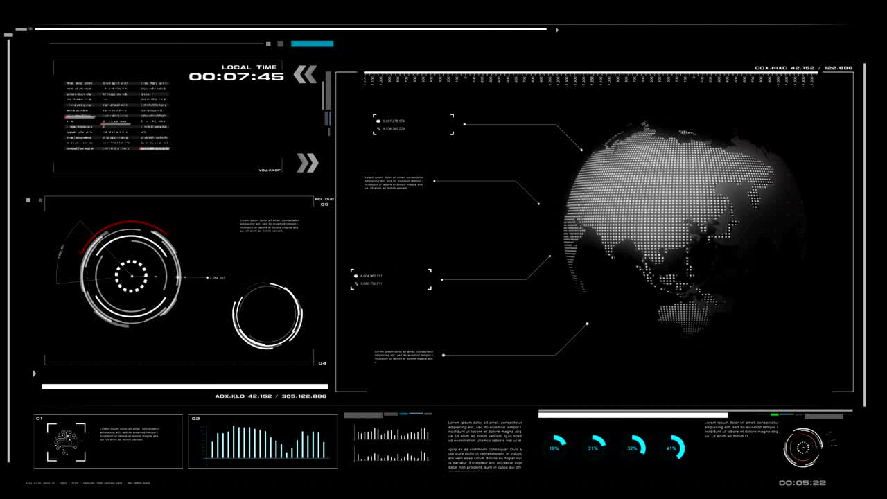 4k ui 사용자 인터페이스와 hud pi bar 텍스트 박스 테이블 사이버 기술을위한 검은 배경 및 곡물 처리 된 미래 개념