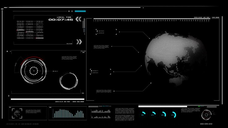4K UI User Interface with HUD pi bar text box table black background for cyber technology and futuristic concept with grain processed