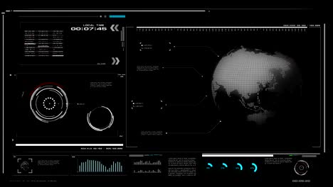 4k ui user interface with hud pi bar text box table black background for cyber technology and futuristic concept with grain processed