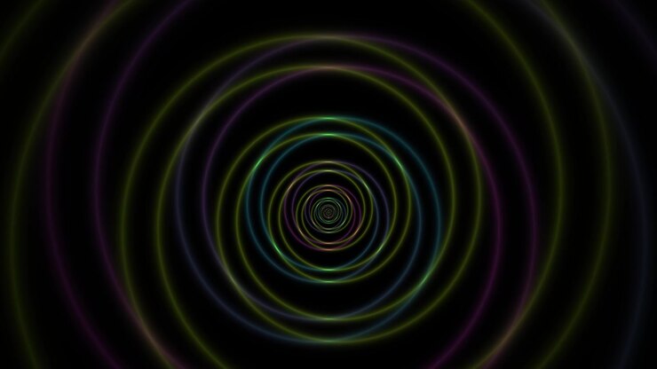 Hypnotic Glowing Neon Spiral Circles Moving on Black Background