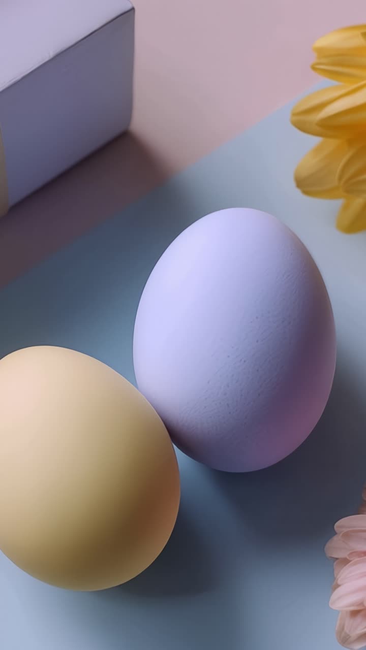 Pair of Colorful Eggs on Soft Pastel Surface Surrounded by Decorative Flowers and a Gift Box, Creating a Cheerful and Whimsical Atmosphere for Springtime