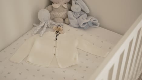 cozy baby crib with plush toys and a delicate white cardigan on the mattress
