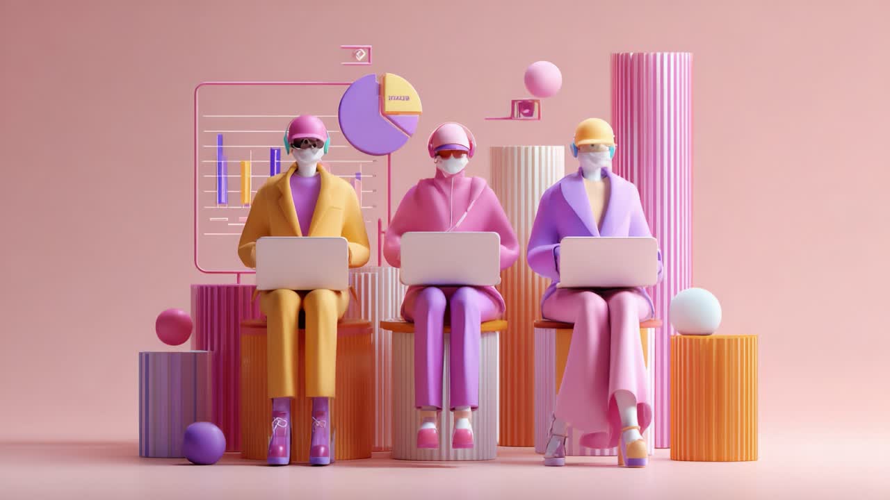 Three Stylish Characters Engaged in Digital Analysis, Surrounded by Colorful Geometric Shapes and Graphs, Utilizing Laptops in a Bright and Modern Workspace Setting