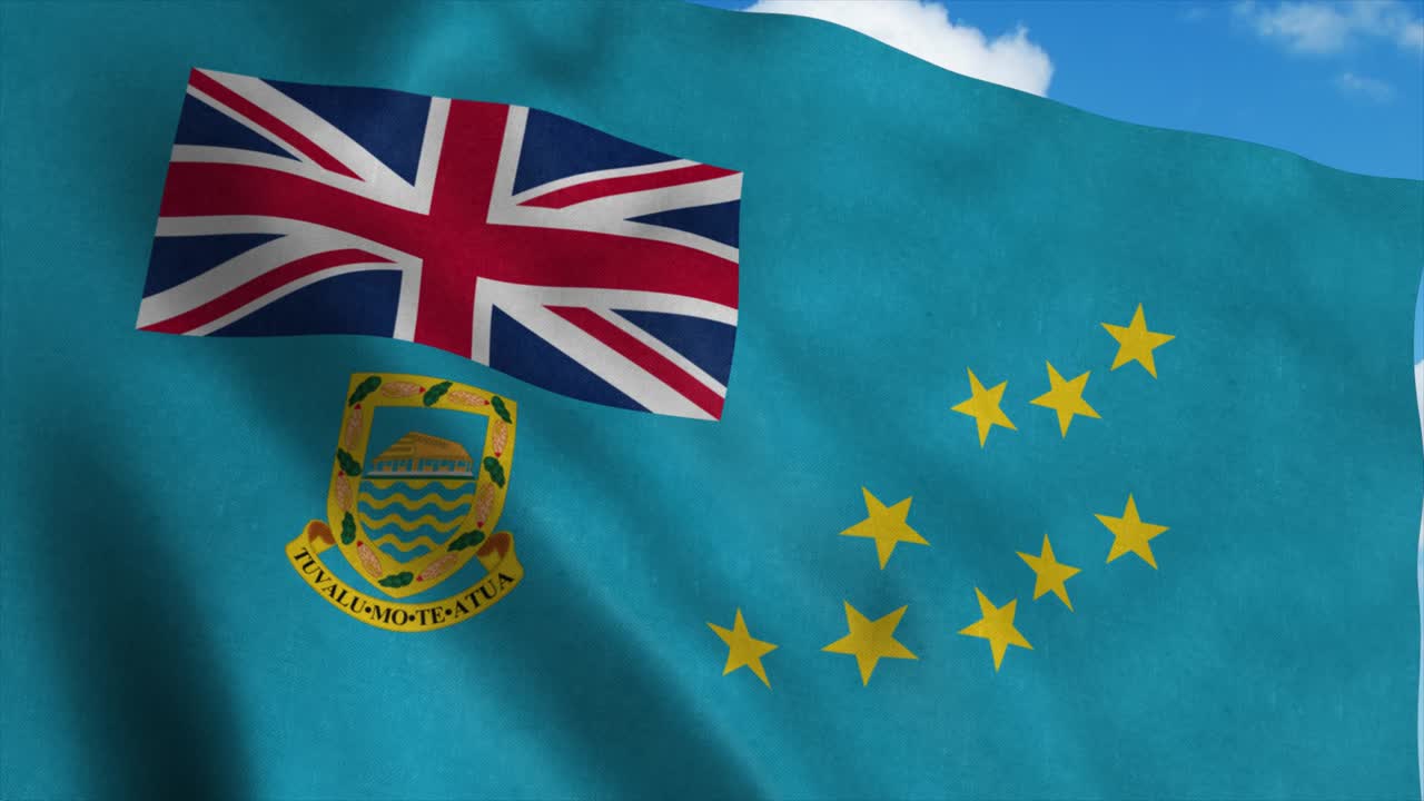 투발루의 발이 바람에 흔들리고, 푸른 하늘의 배경.